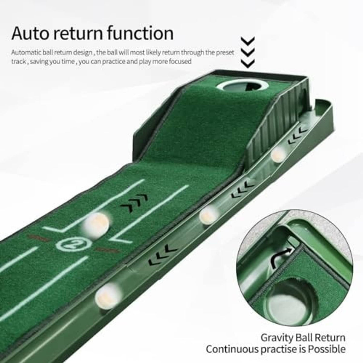 Green putting mat with ball return track and circular target hole for continuous practice