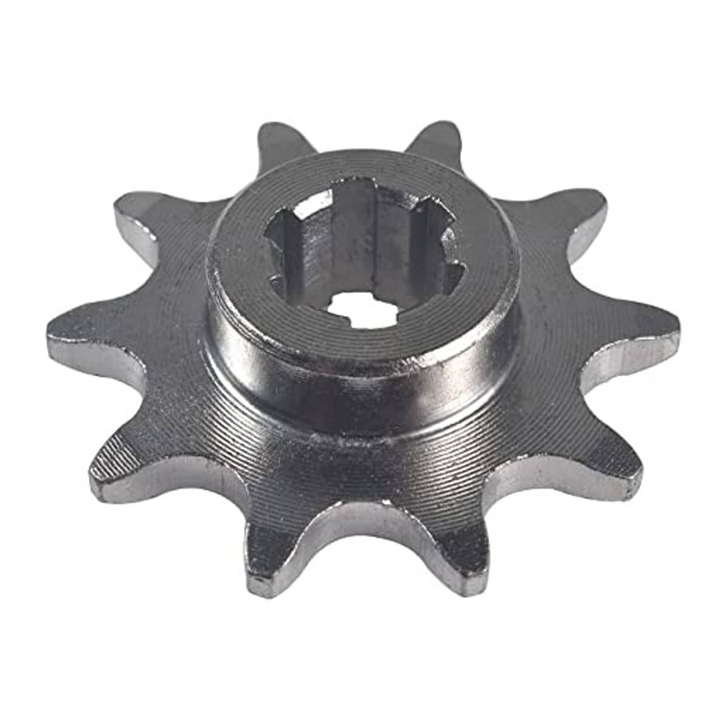 Steel sprocket gear wheel with toothed rim and keyed center hub, close-up