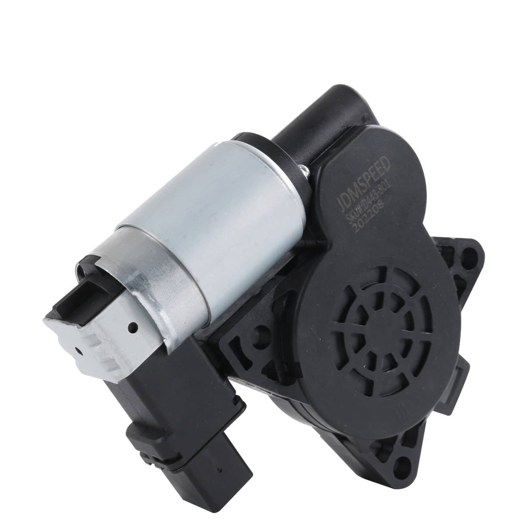 Power window regulator motor with black gear housing and silver cylindrical motor