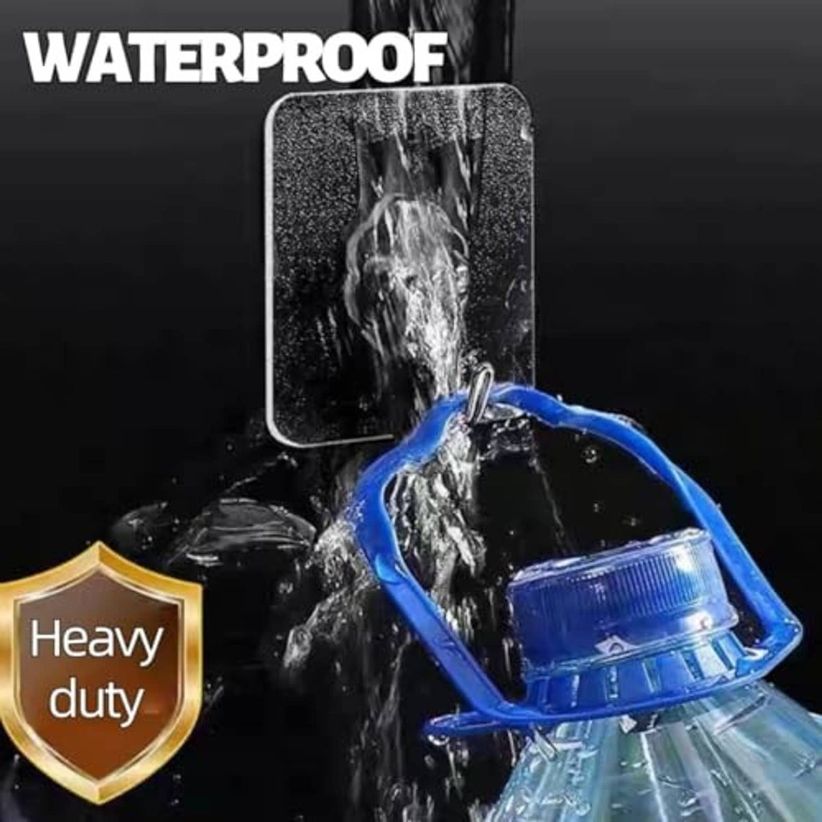 Chrome adhesive wall hook with water splash effect, heavy-duty hook shown near droplets