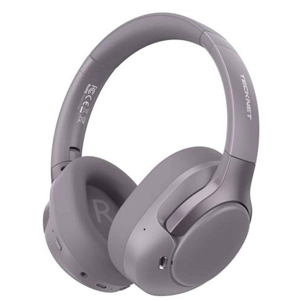 Gray over-ear Bluetooth headphones with cushioned headband and ear cups