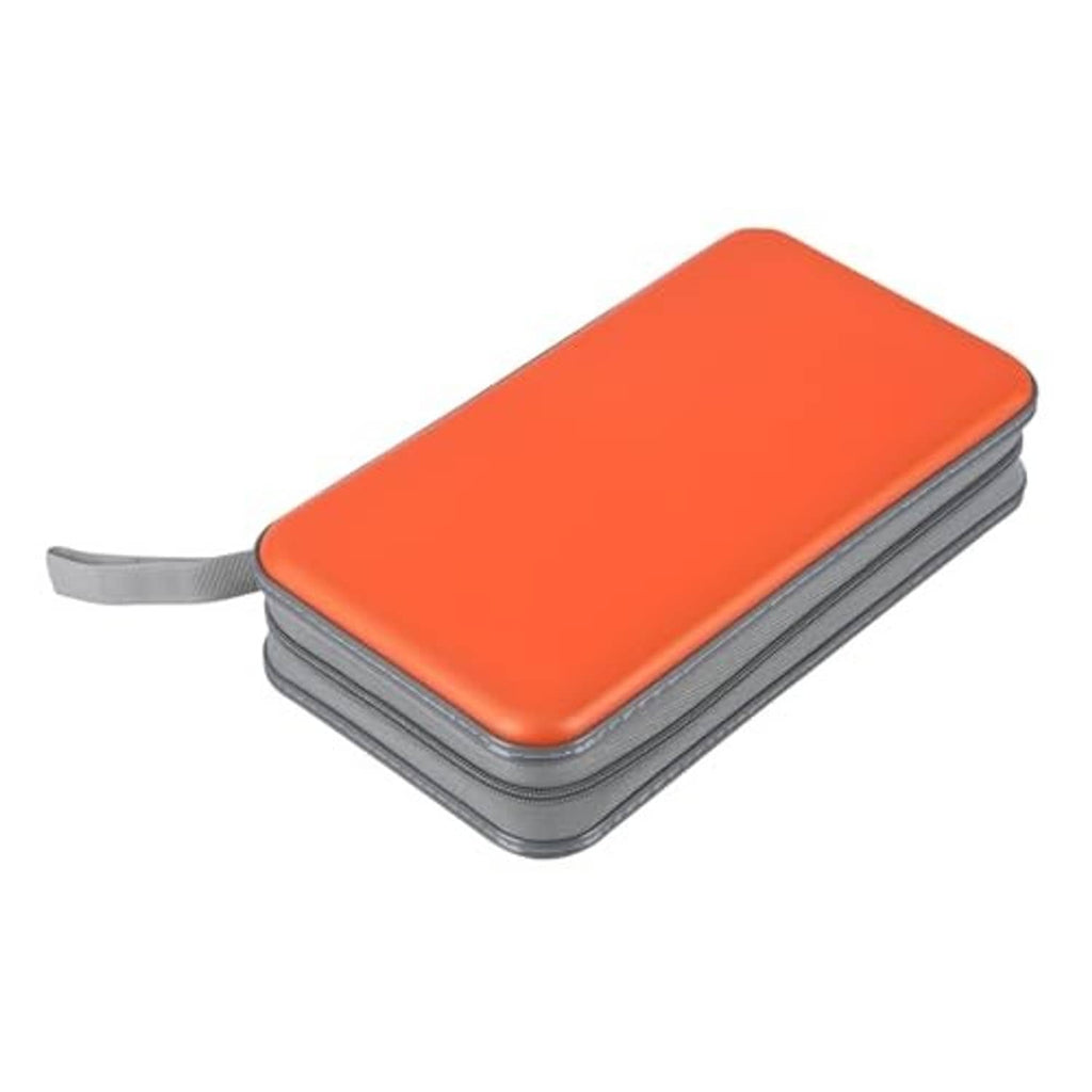 Orange hard-shell CD/DVD case with gray base and carrying strap