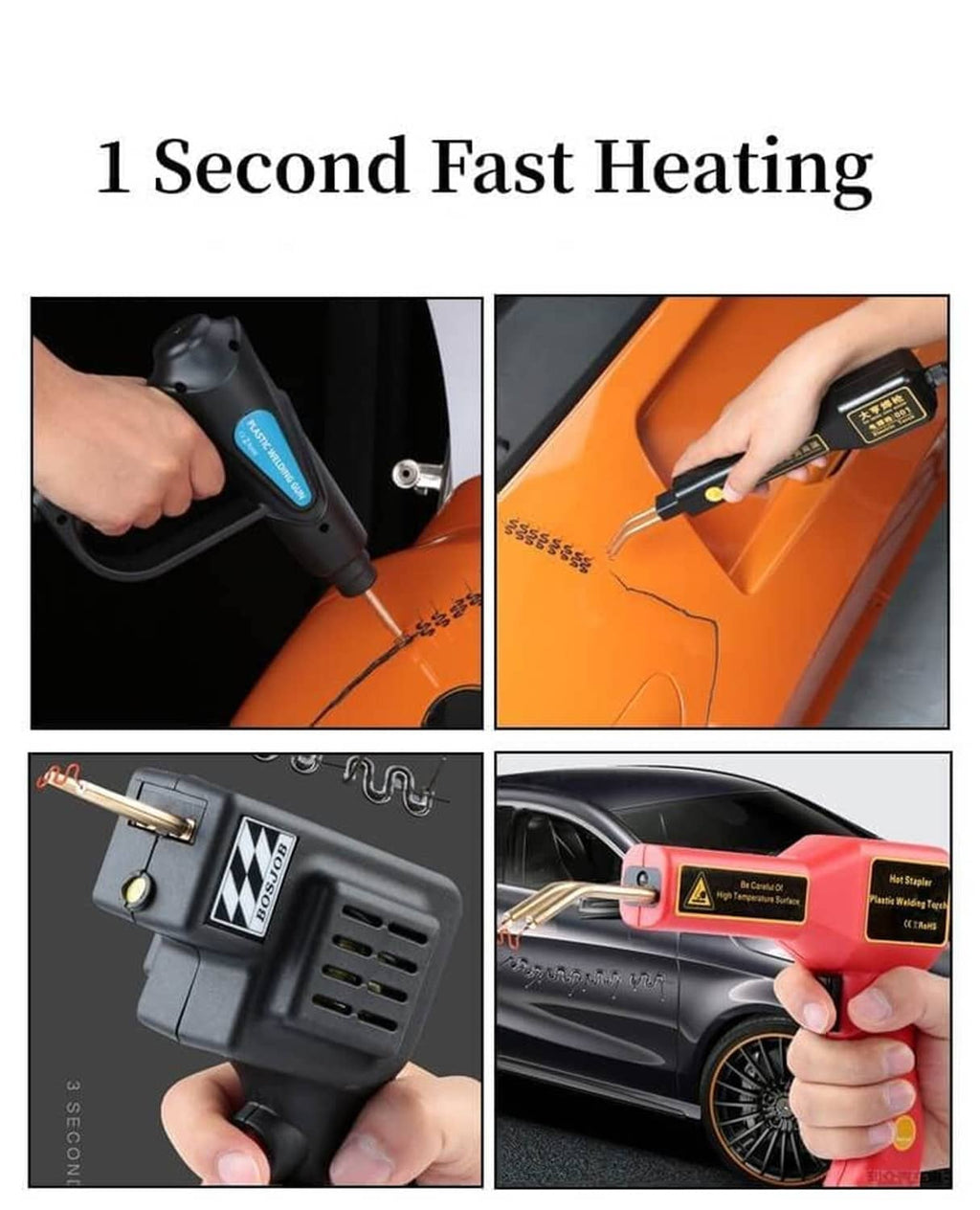 Handheld plastic welding gun heating and applying staples shown in a quick-heat panel