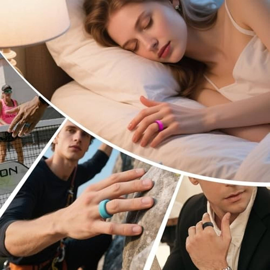 Pink silicone ring cover on finger, lifestyle collage showing everyday wear
