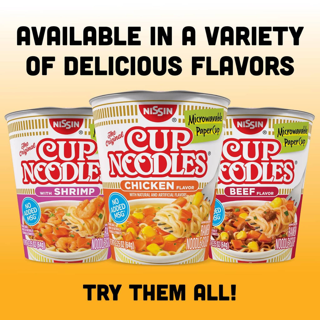 Set of Cup Noodles paper cups, including shrimp, chicken, and beef flavors