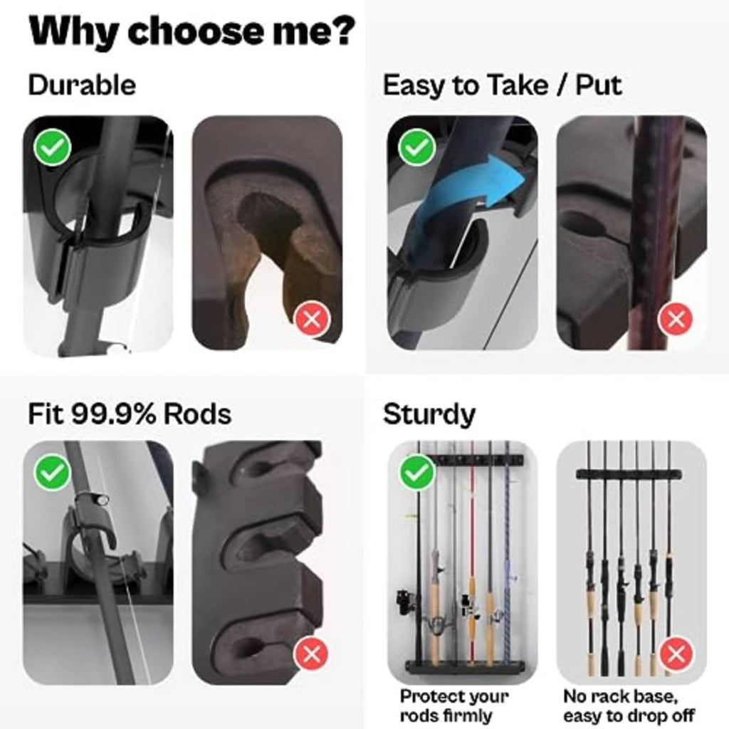 Black rubber clamp and sturdy rod holders for protected vertical fishing rod storage