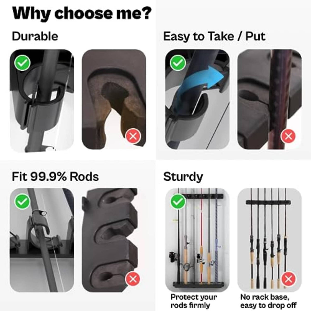 Black rubber clamp and sturdy rod holders for protected vertical fishing rod storage