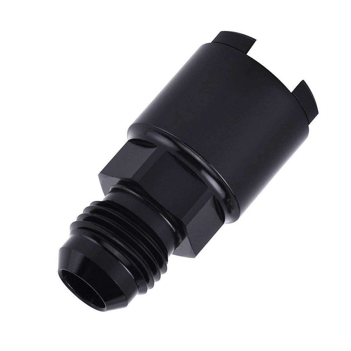 Black AN6 fuel adapter fitting with hex base and external thread connection