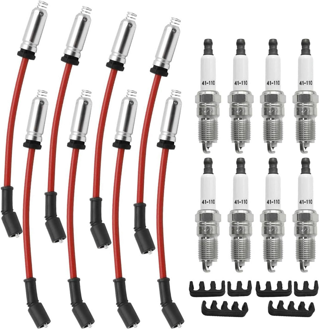 Spark plug wire set with red cables, black boots, and spark plugs