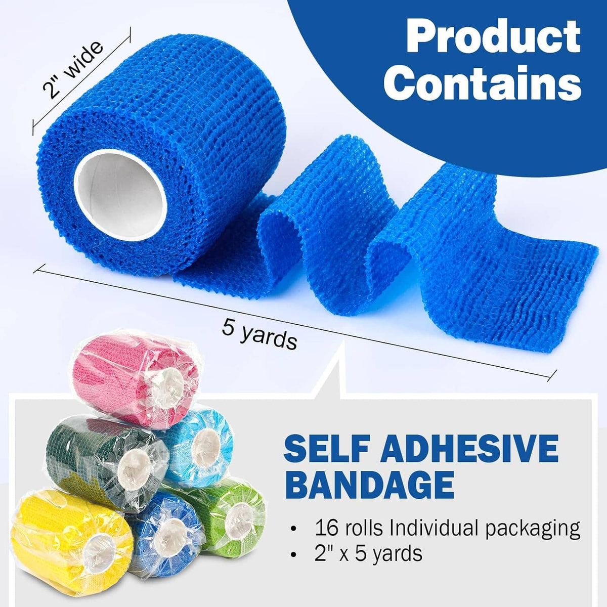Blue self-adhesive bandage wrap roll with extended strip