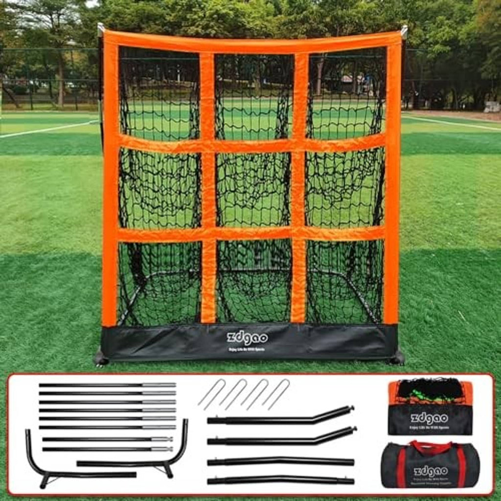 Orange pitching net with black base, plus accessory rods and stake set shown