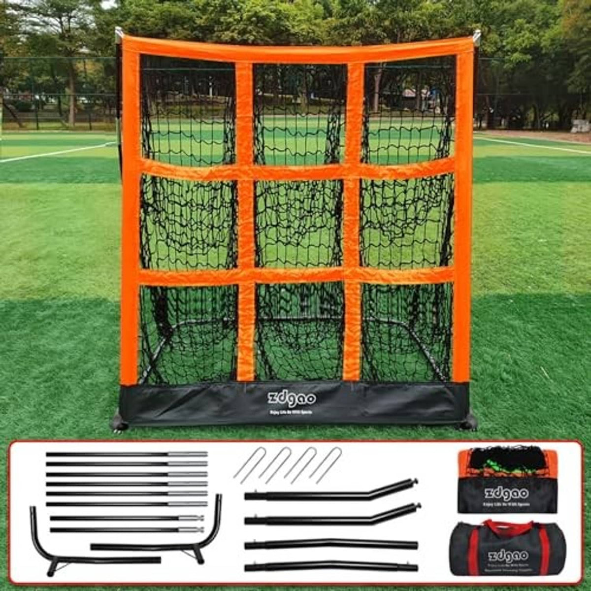 Orange pitching net with black base, plus accessory rods and stake set shown