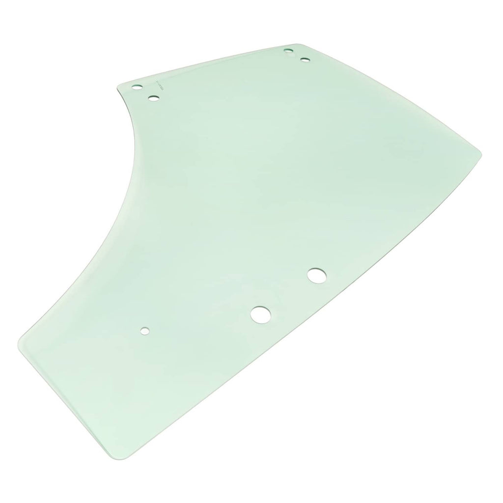 Light green right cab door glass panel with mounting holes