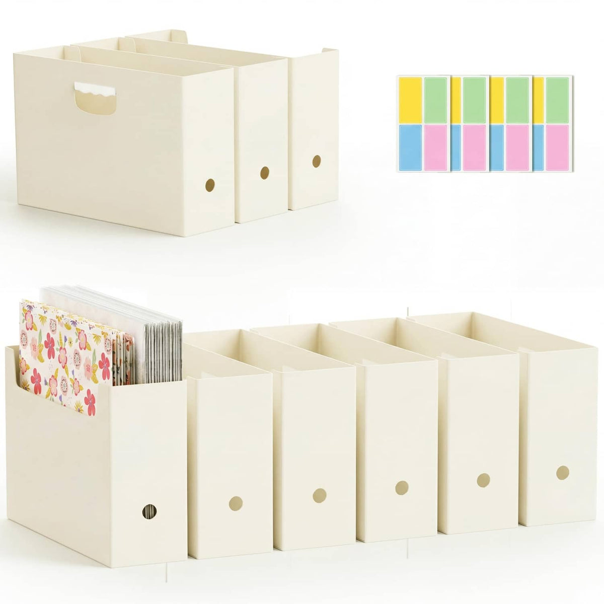 Light yellow scrapbook paper storage organizer with open compartments and drawer cutouts