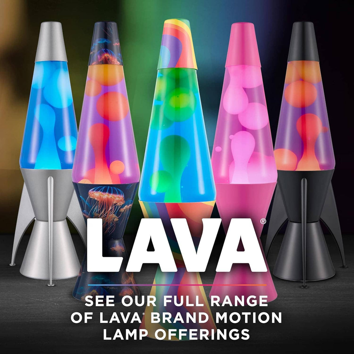 Assorted motion lava lamps in blue, purple, green, pink, and black