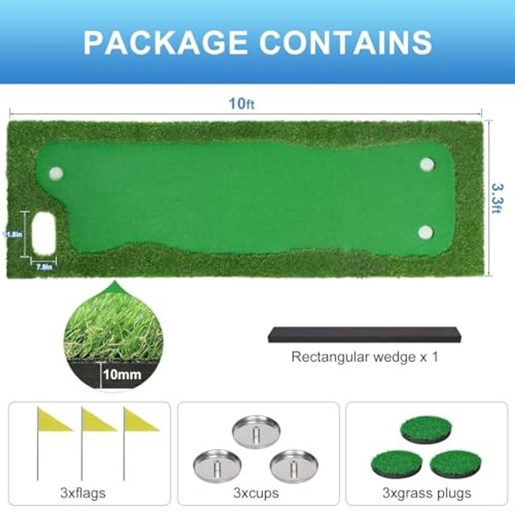 Green golf putting mat laid flat with putting cups, flags, and grass plugs included