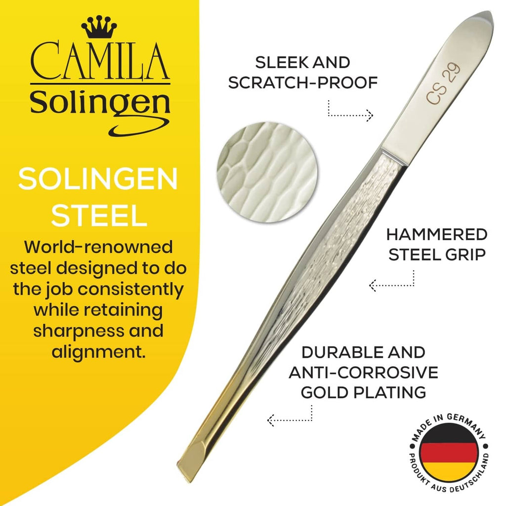 Slanted eyebrow tweezers with durable anti-corrosive gold-plated finish