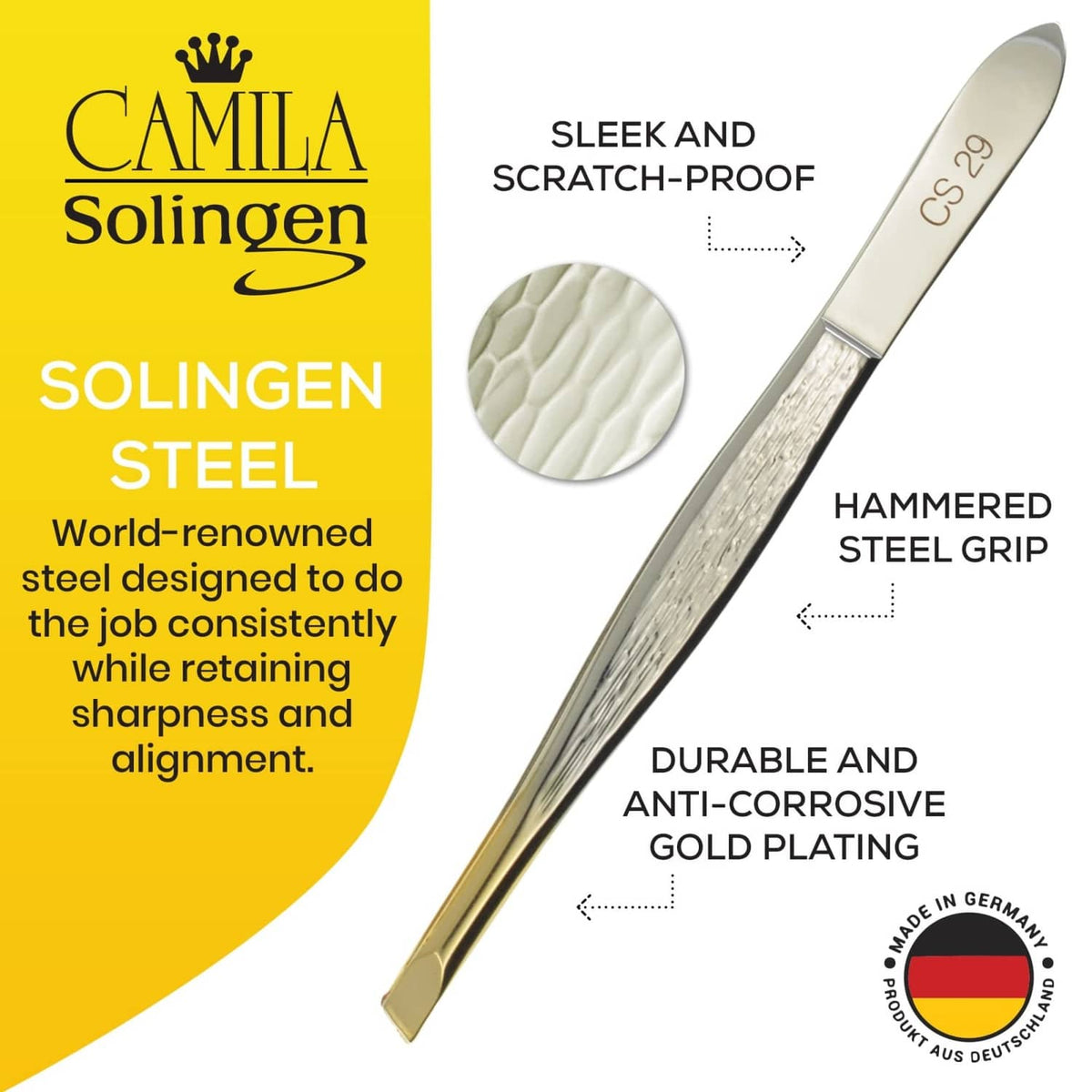 Slanted eyebrow tweezers with durable anti-corrosive gold-plated finish
