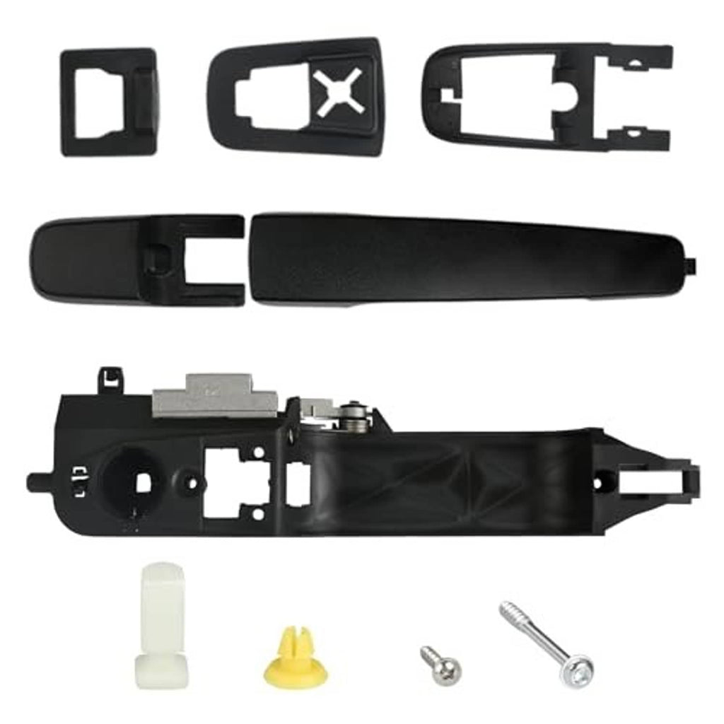 Black exterior door handle with inner latch assembly, reinforcement plate, screws, caps
