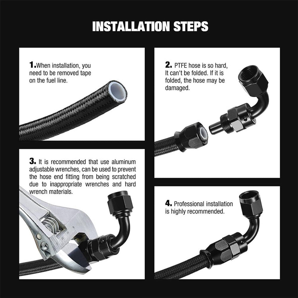 Black braided PTFE hose and barbed fuel fittings shown in step-by-step installation diagram
