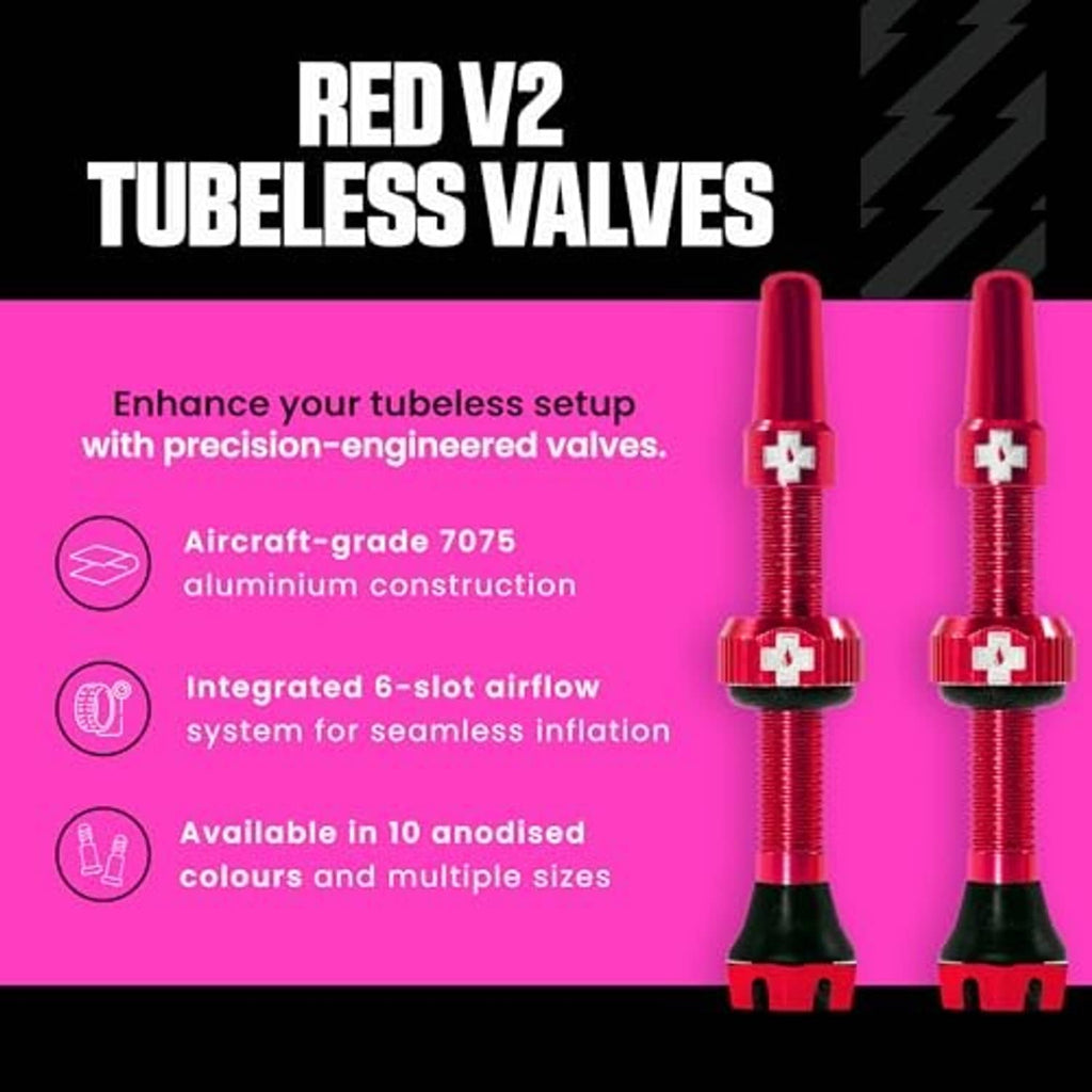 Red Presta tubeless valves with black rubber bases