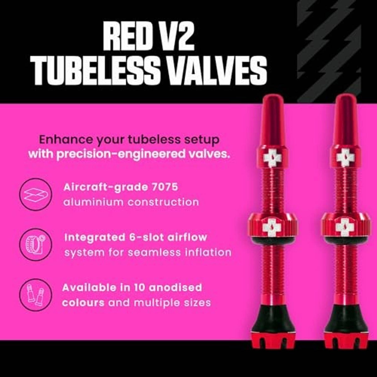 Red Presta tubeless valves with black rubber bases
