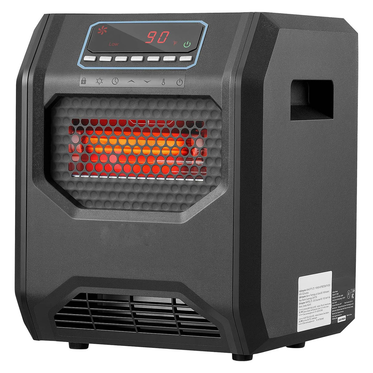 Black infrared electric heater showing front grille, side handle, and info label