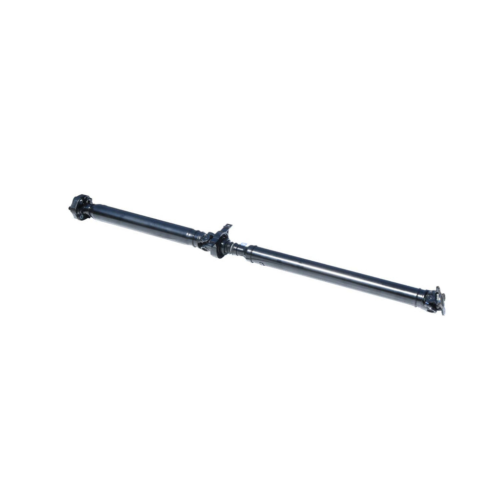 Prop shaft with center support section and end yoke, dark blue metal