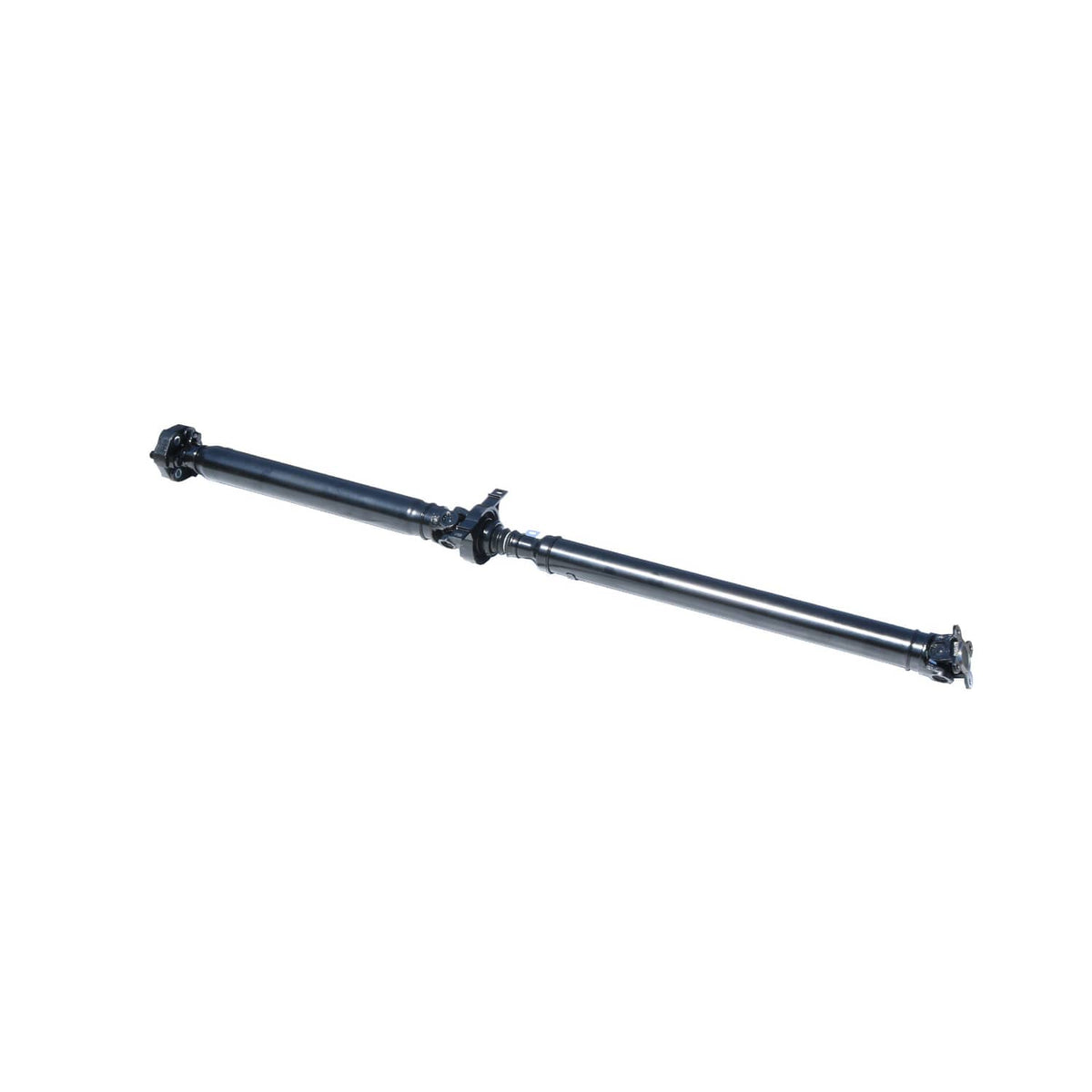 Prop shaft with center support section and end yoke, dark blue metal