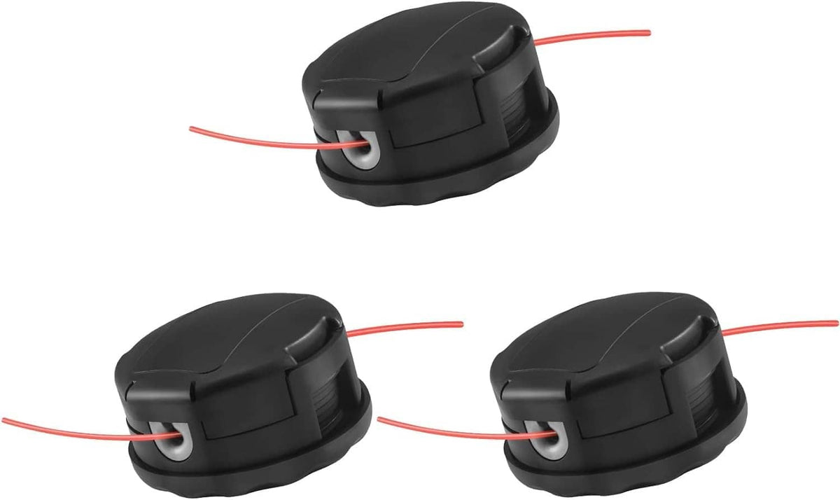 Black string trimmer head spool with red cutting line, rounded cover and side openings