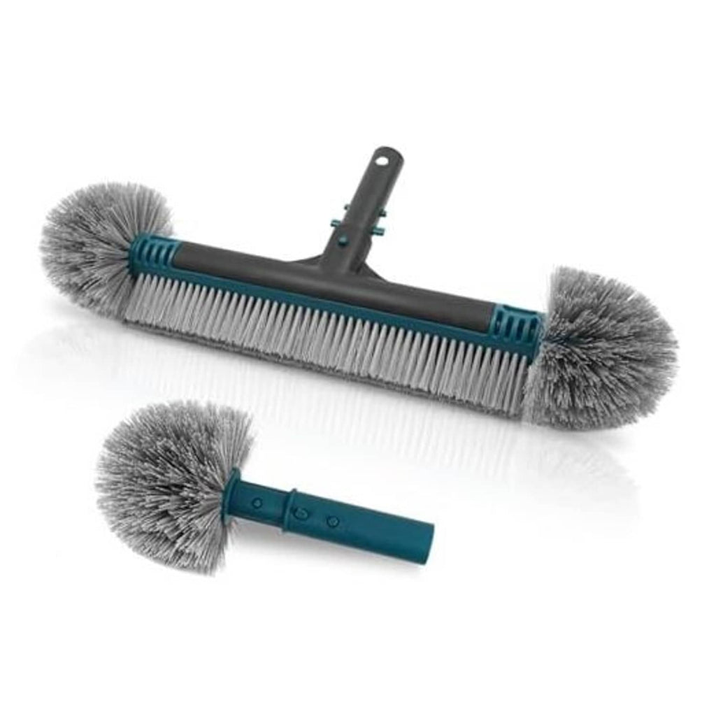 20-inch pool brush head with gray nylon bristles and teal connector clips