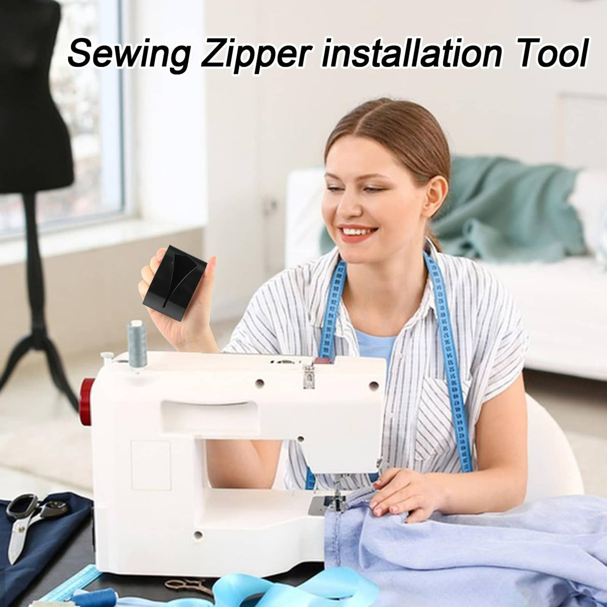 Sewing zipper jig tool used on fabric at a sewing machine for zipper installation