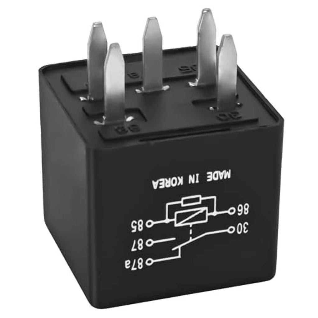 Black automotive relay with top contact diagram and five upward metal pin terminals