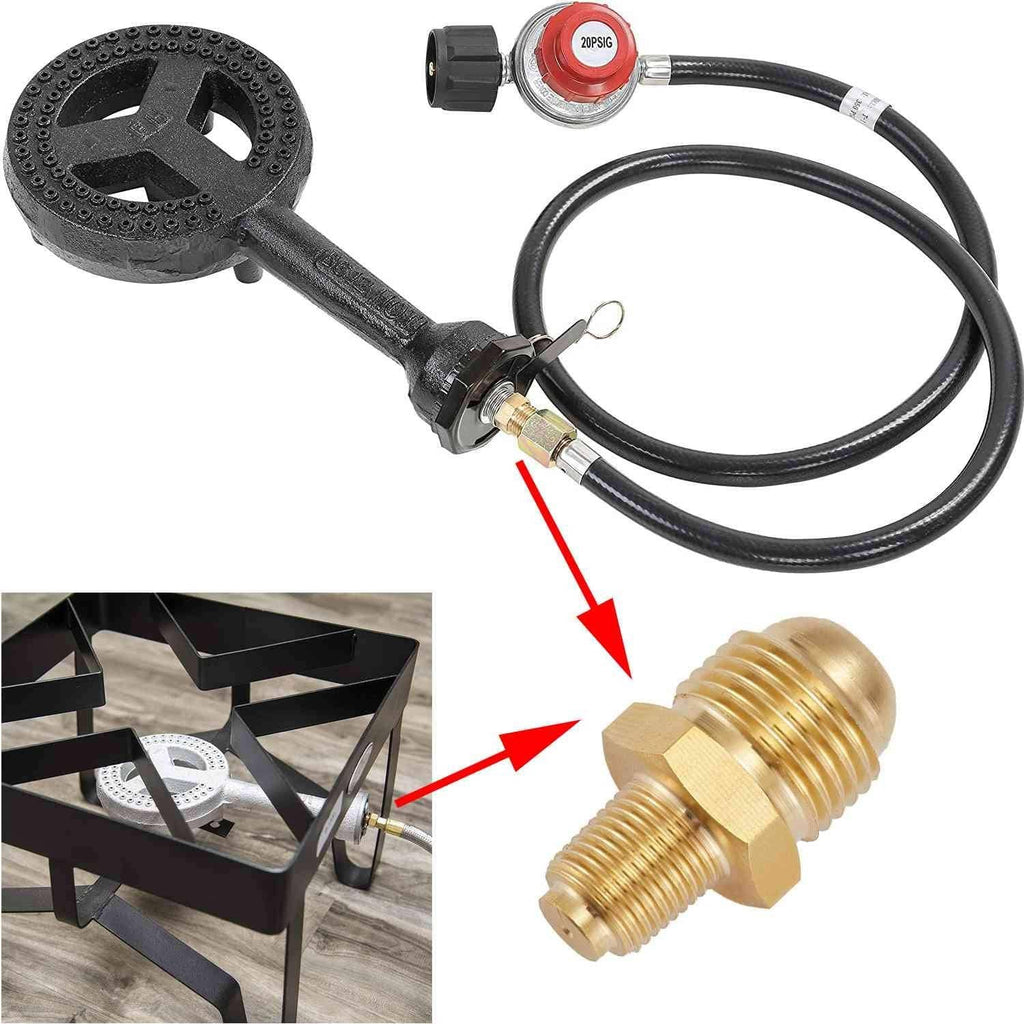 Brass propane orifice connector with attached hose, angled view of hex fitting