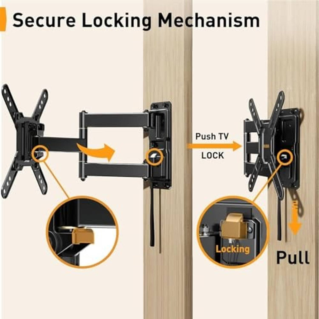Black locking TV mount bracket with push-to-lock mechanism