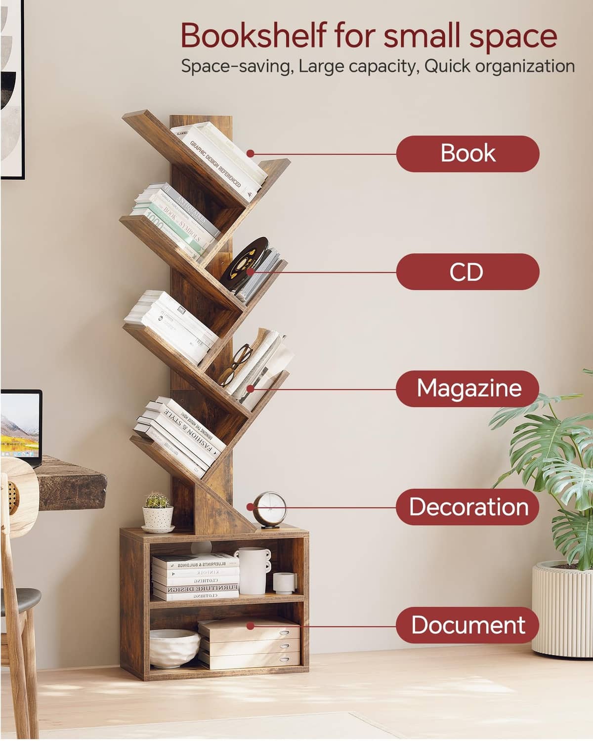 Brown space-saving 6-tier bookshelf with angled shelves for books, CDs, and decor