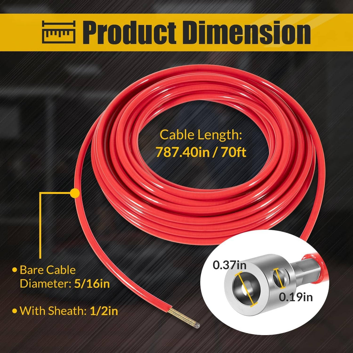 Red coiled cable showing 70ft length, 5/16 bare diameter, 1/2-inch sheath