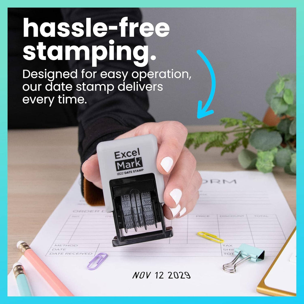 ExcelMark 1822 date stamp held over paperwork for stamping