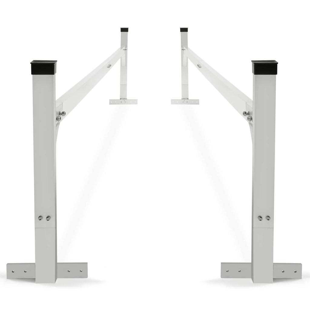 Adjustable roof mount ladder rack bracket with two posts and crossbar, white steel frame