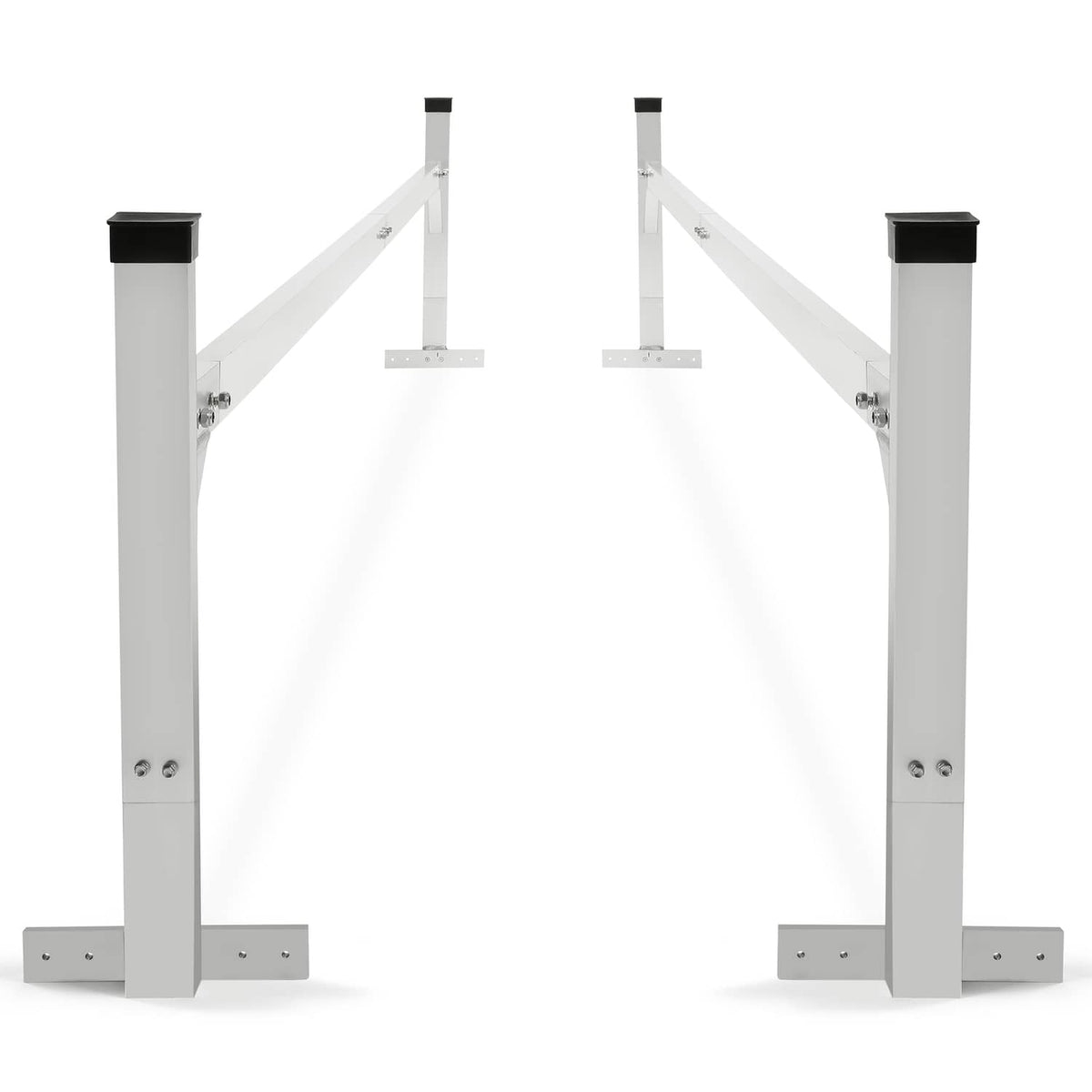 Adjustable roof mount ladder rack bracket with two posts and crossbar, white steel frame