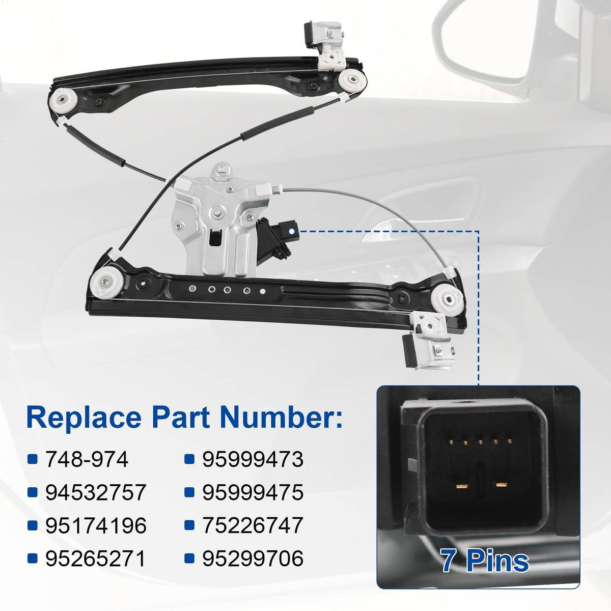 Window regulator with motor, black rails with attached brackets and wiring