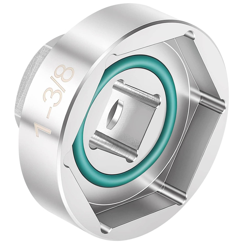 Silver 1-3/8 in hex fork cap nut socket with teal O-ring insert detail