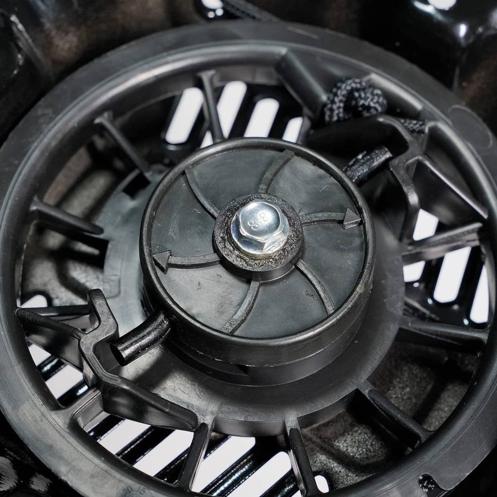 Black recoil starter pulley with center cap and rope guide slots