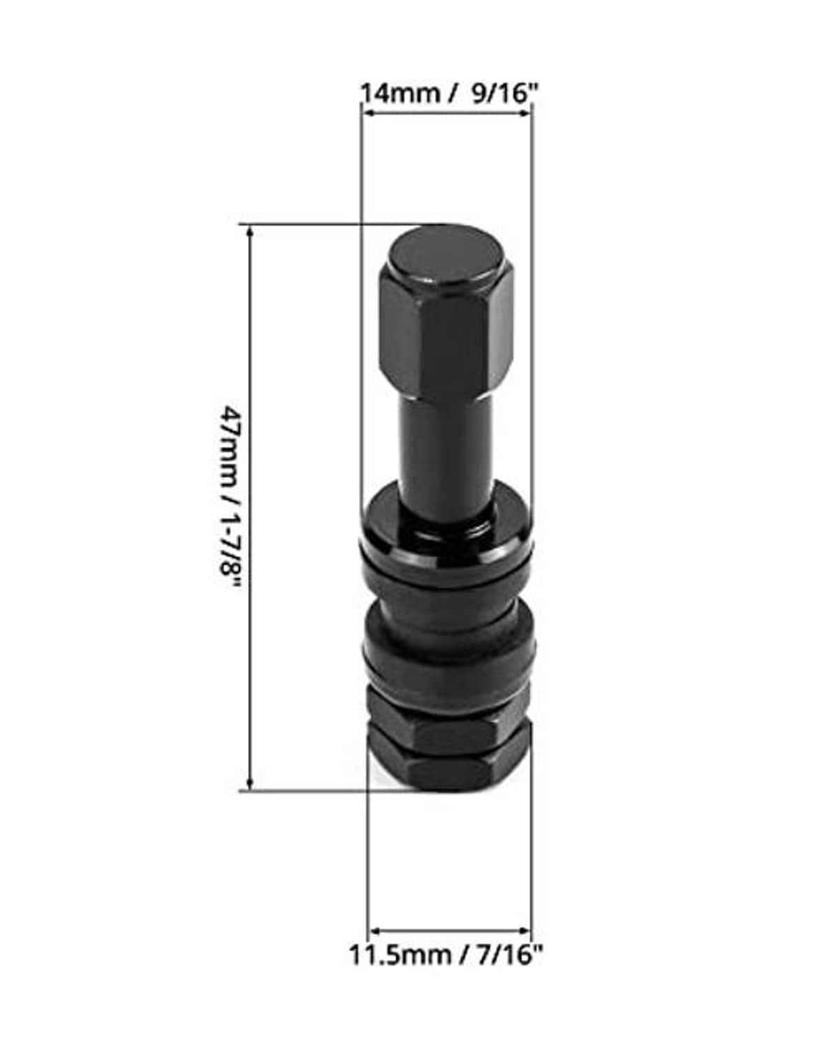 Dimension diagram for black clamp-in tubeless valve stem: 14mm and 11.5mm shown