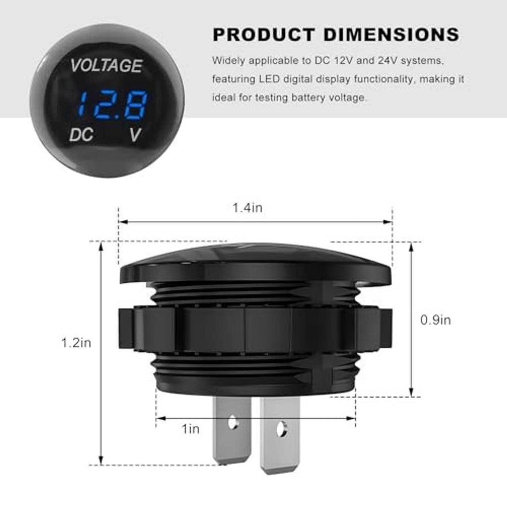 Round DC voltmeter gauge shown with blue LED display and front dimensions diagram