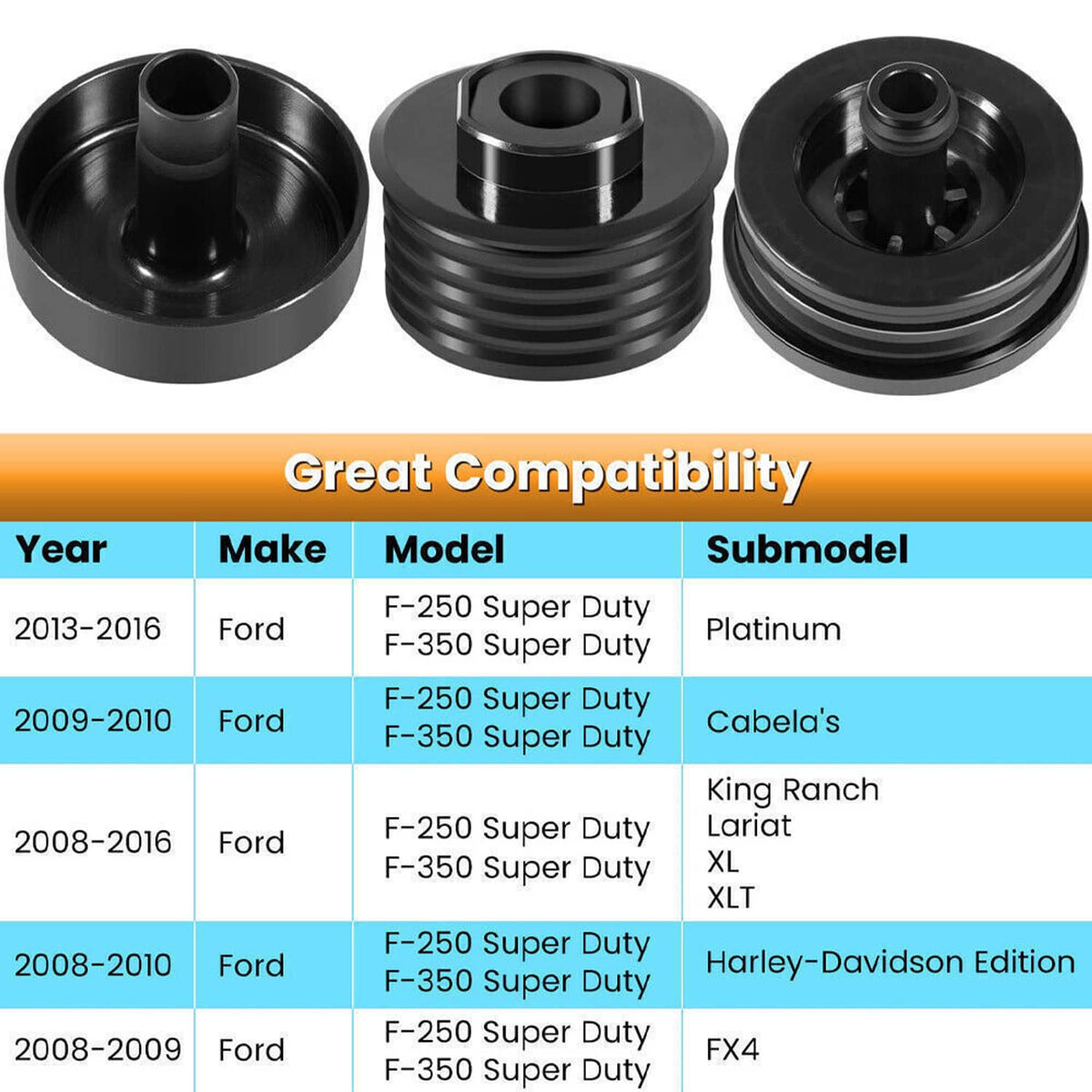 Three black steel-capped body mount bushing parts in front and side views.