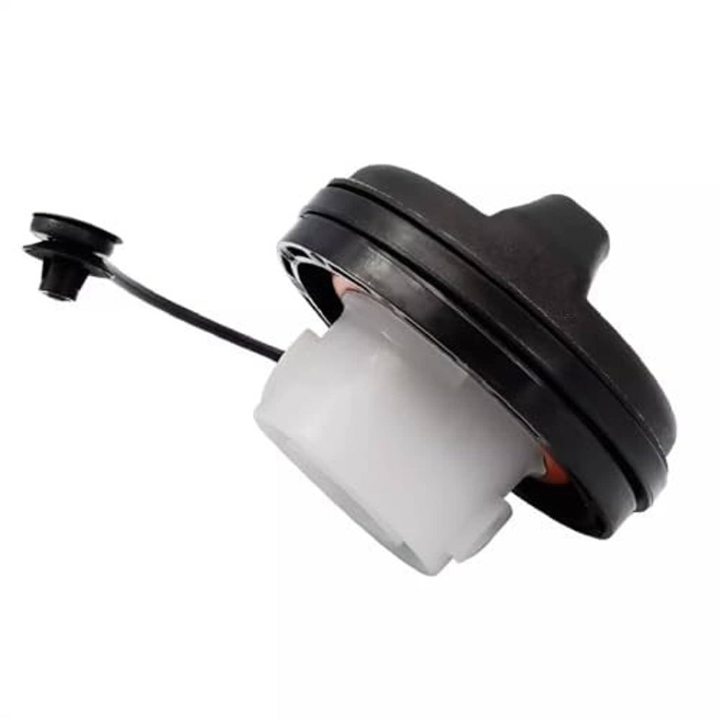 Black fuel gas cap with rubber gasket and tether cable, side view
