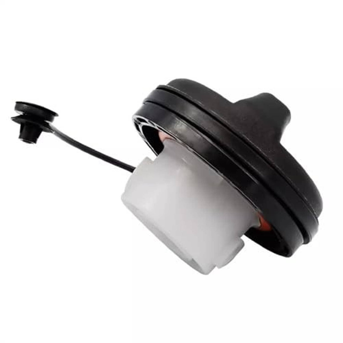 Black fuel gas cap with rubber gasket and tether cable, side view
