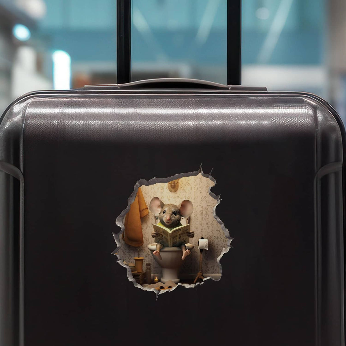 Mouse in toilet-hole decal sticker on black suitcase with gray torn-edge border