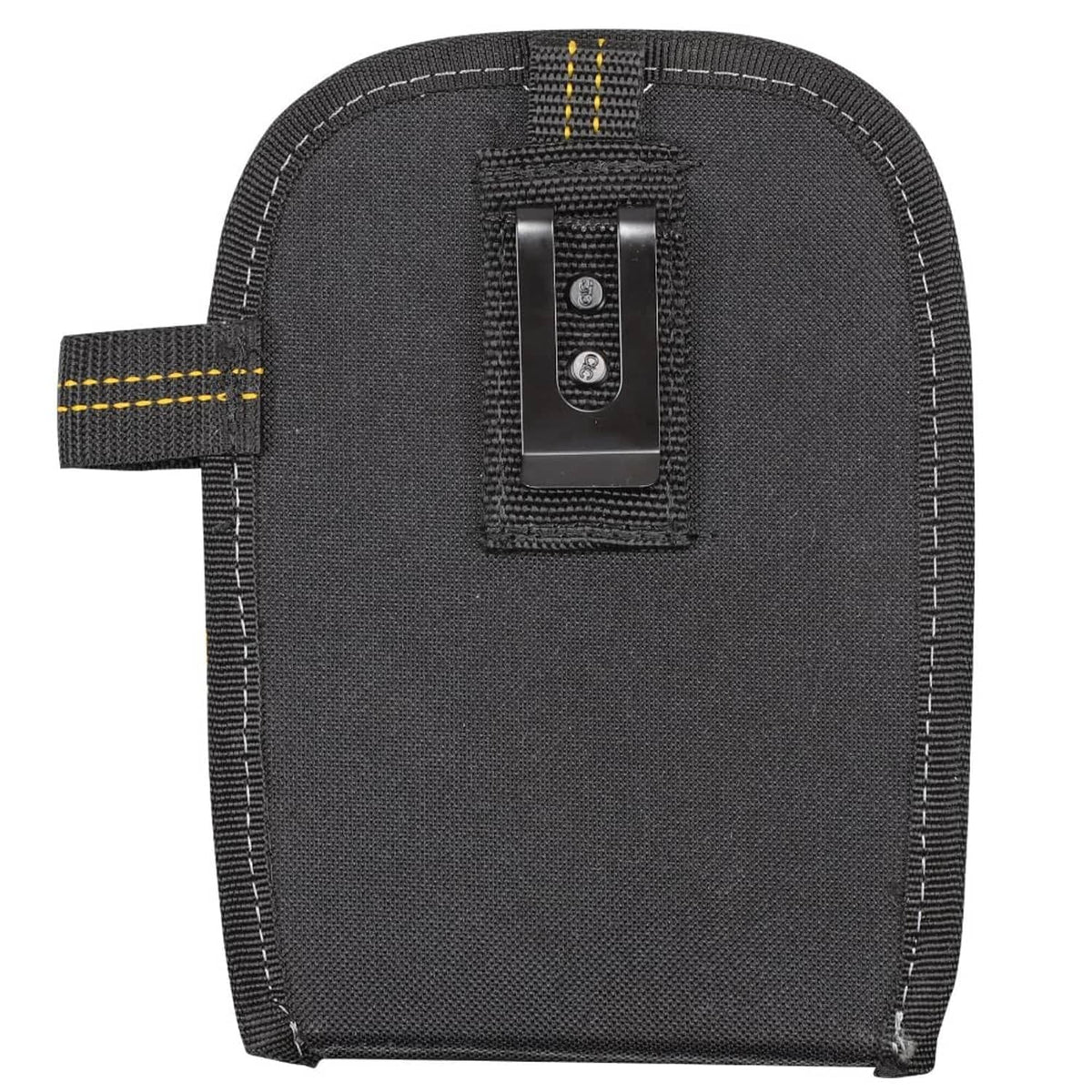 Black tool carry-all pouch back panel with belt loop and stitched yellow accent